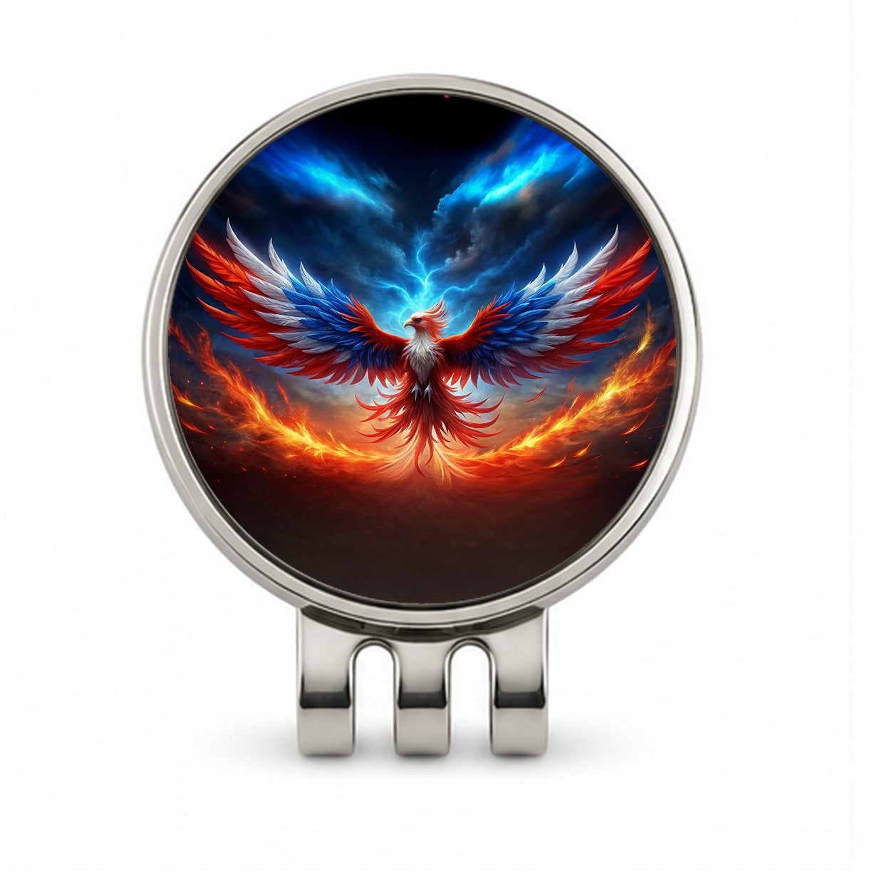 Red White And Blue Phoenix Rising Golf Hat Clip with Ball Marker