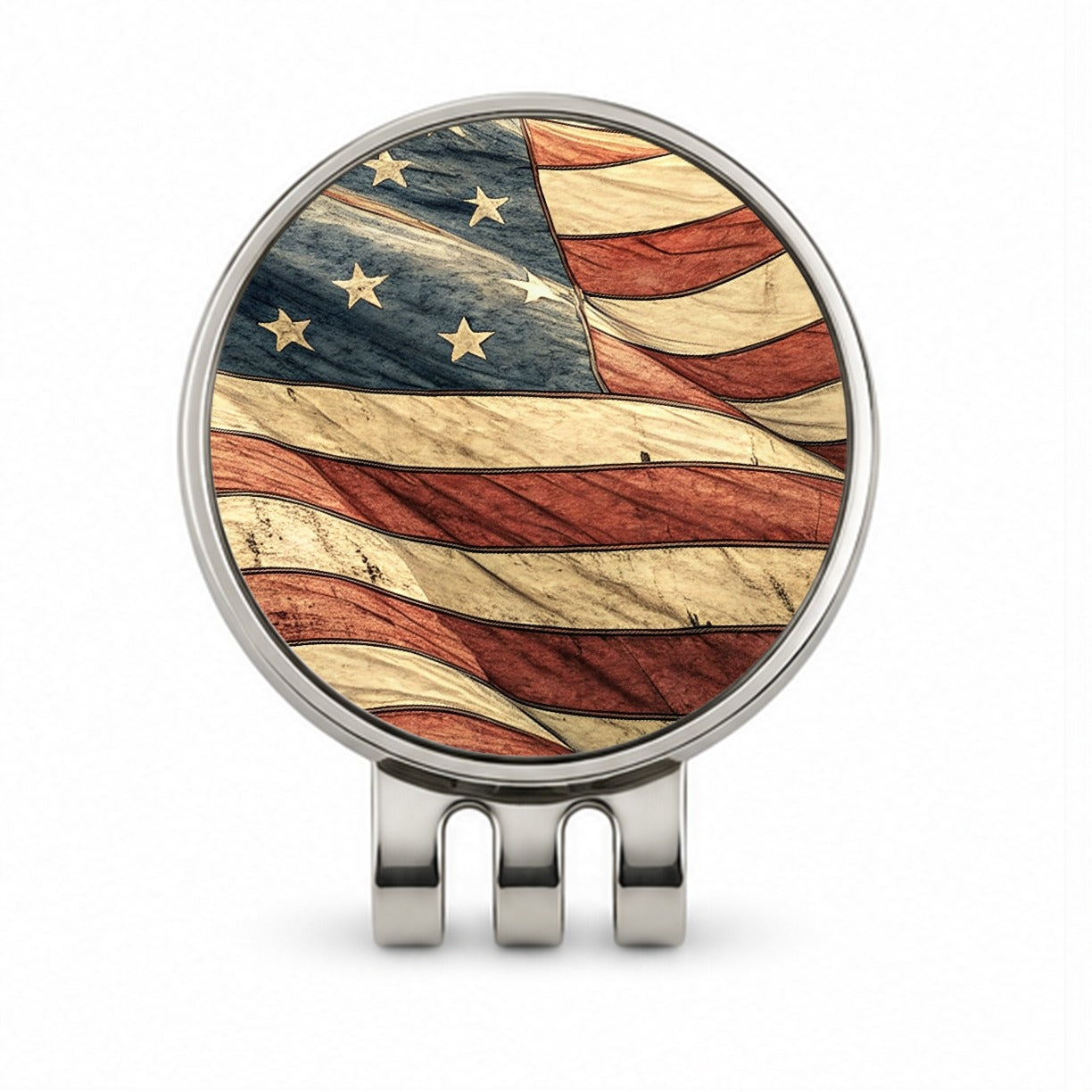 Waving Rustic American Flag Illustration Golf Hat Clip with Ball Marker