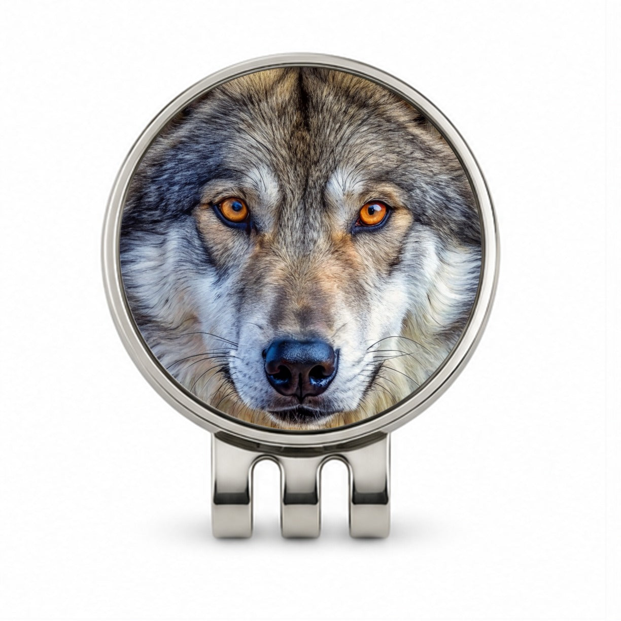 Close-up of Dire Wolf Face Golf Hat Clip with Ball Marker