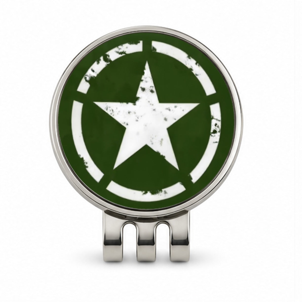 Rustic White Army Star On Olive Green Golf Hat Clip with Ball Marker