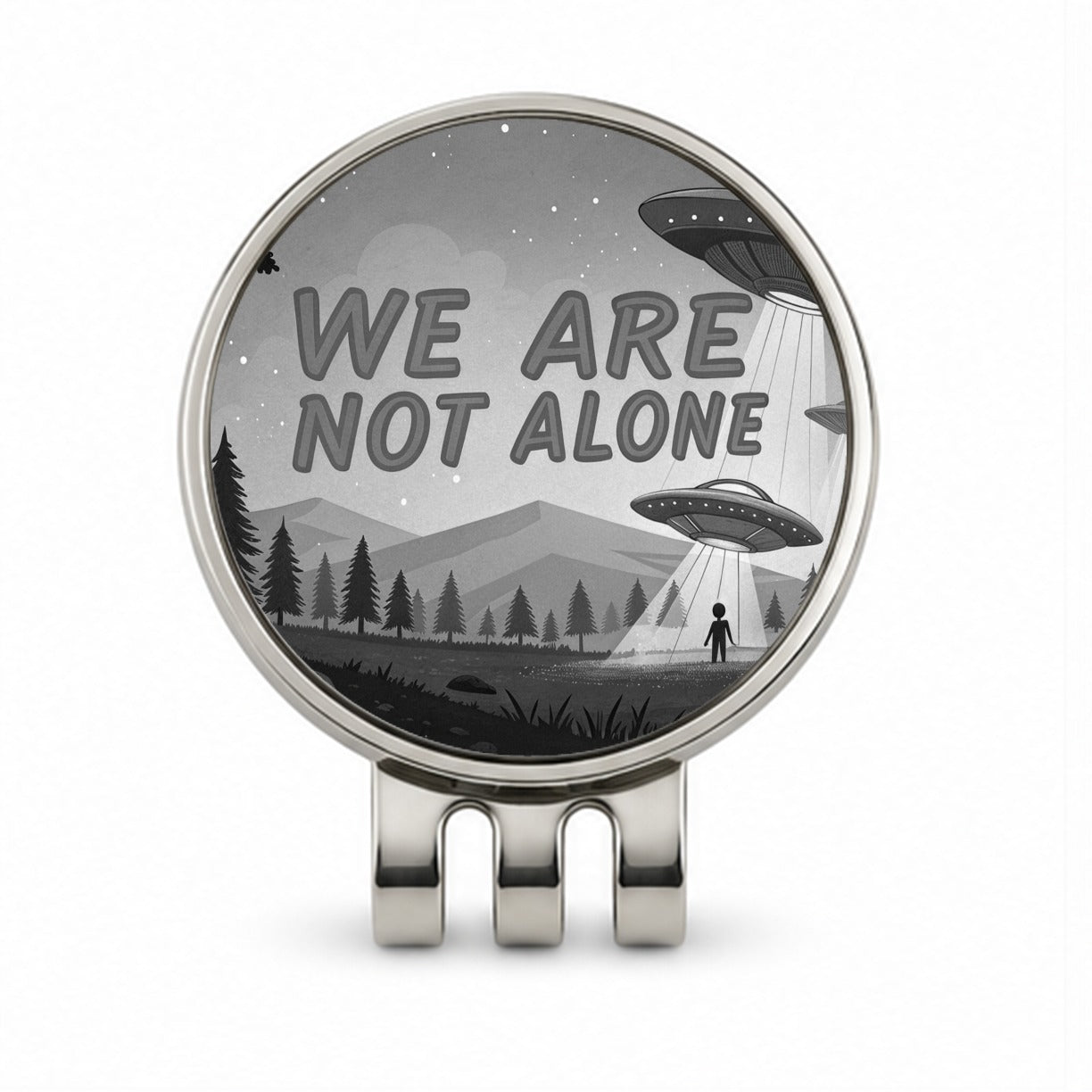 We Are Not Alone Funny Retro UFO Black And White Golf Hat Clip with Ball Marker