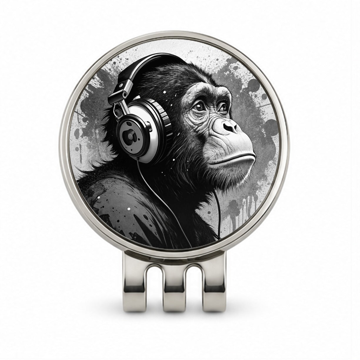 Artsy B&W Monkey with Headphones Golf Hat Clip with Ball Marker