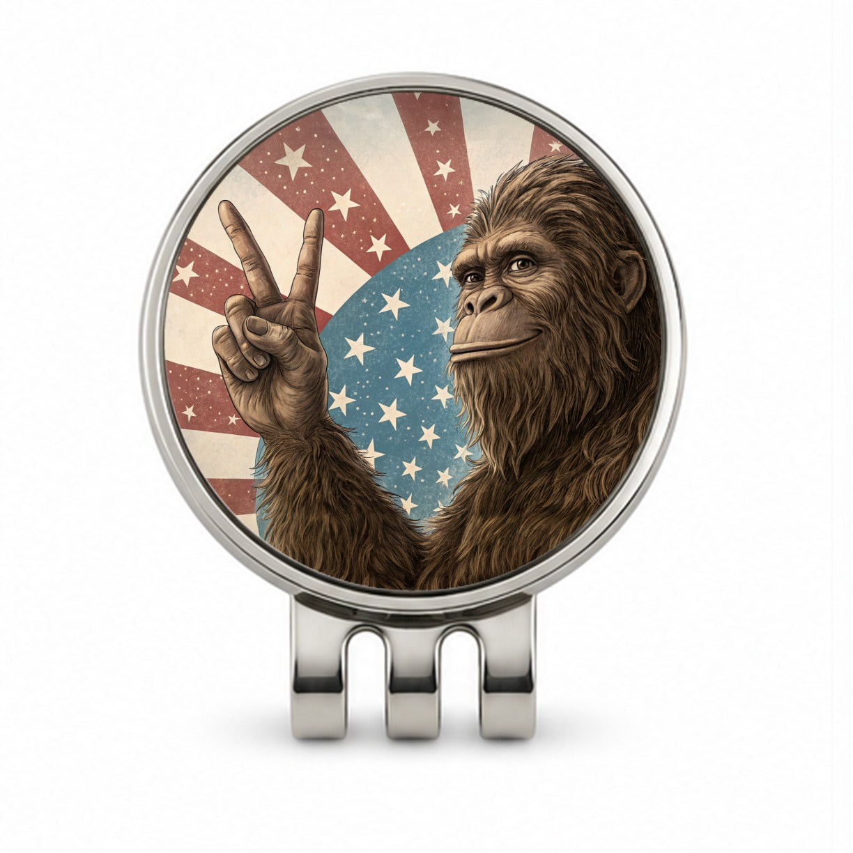 Bigfoot Giving Peace Sign Rising American Flag Golf Hat Clip with Ball Marker