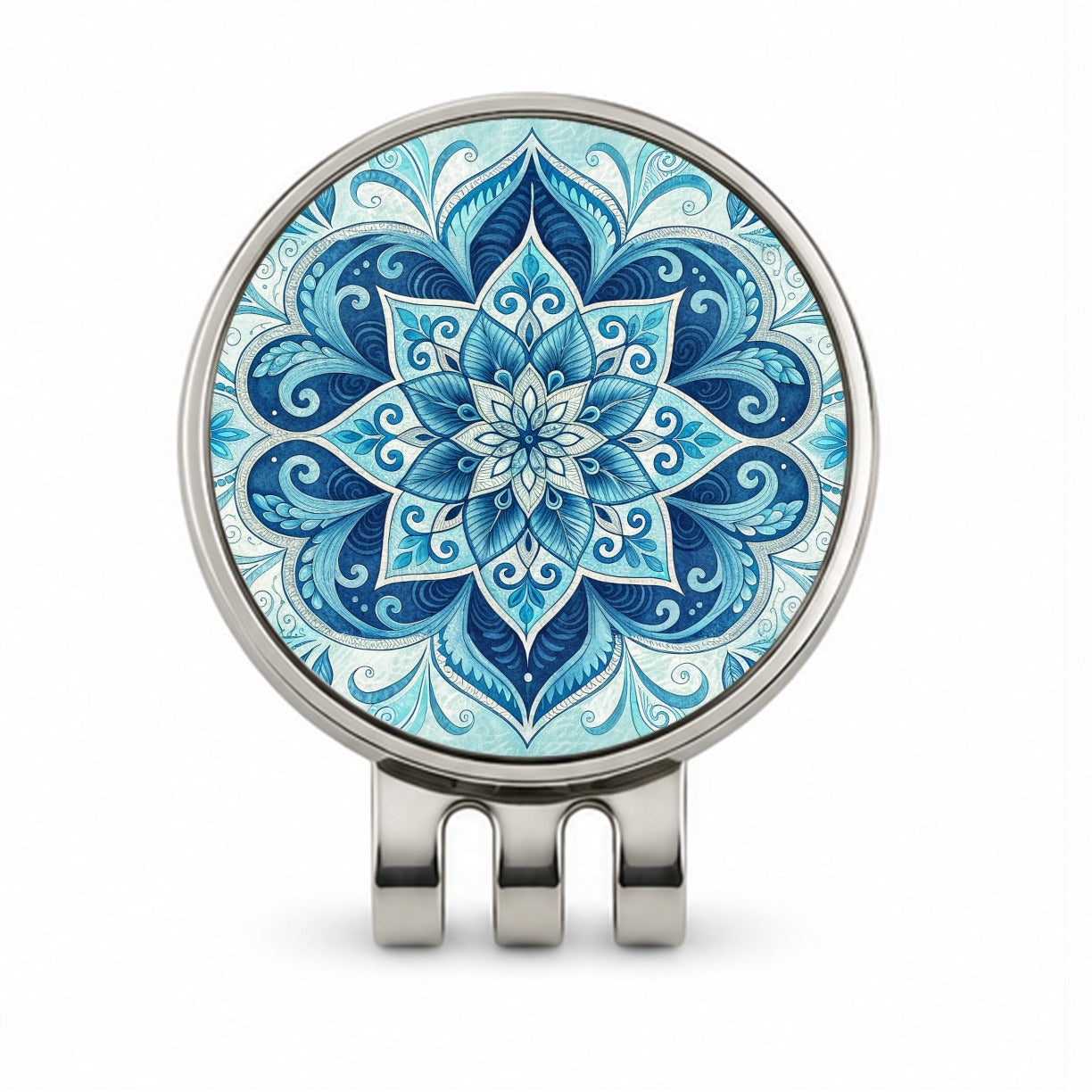 Blue Symmetrical Artistic Floral Pattern Golf Hat Clip with Ball Marker