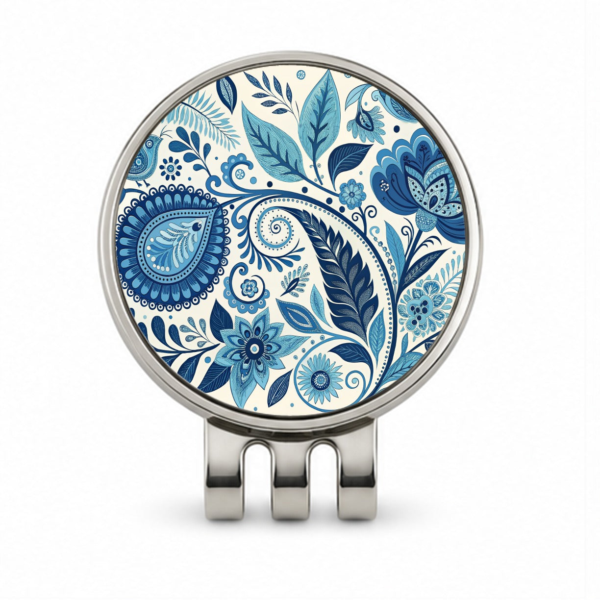 Blue Traditional Folk Art Floral Pattern Golf Hat Clip with Ball Marker