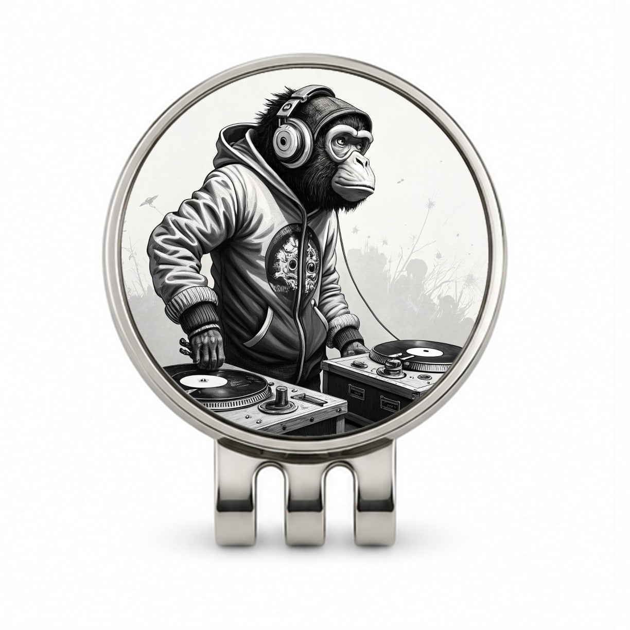 DJ Monkey with Headphones B&W Golf Hat Clip with Ball Marker
