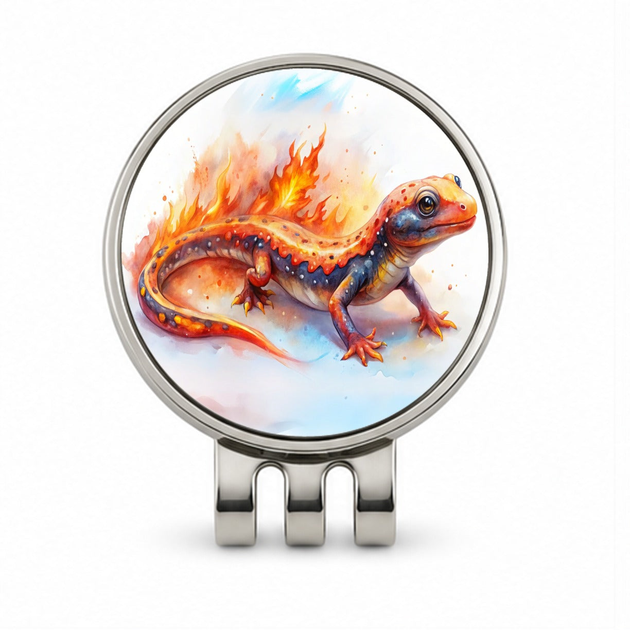 Flaming Fantasy Salamander Watercolor Golf Hat Clip with Ball Marker