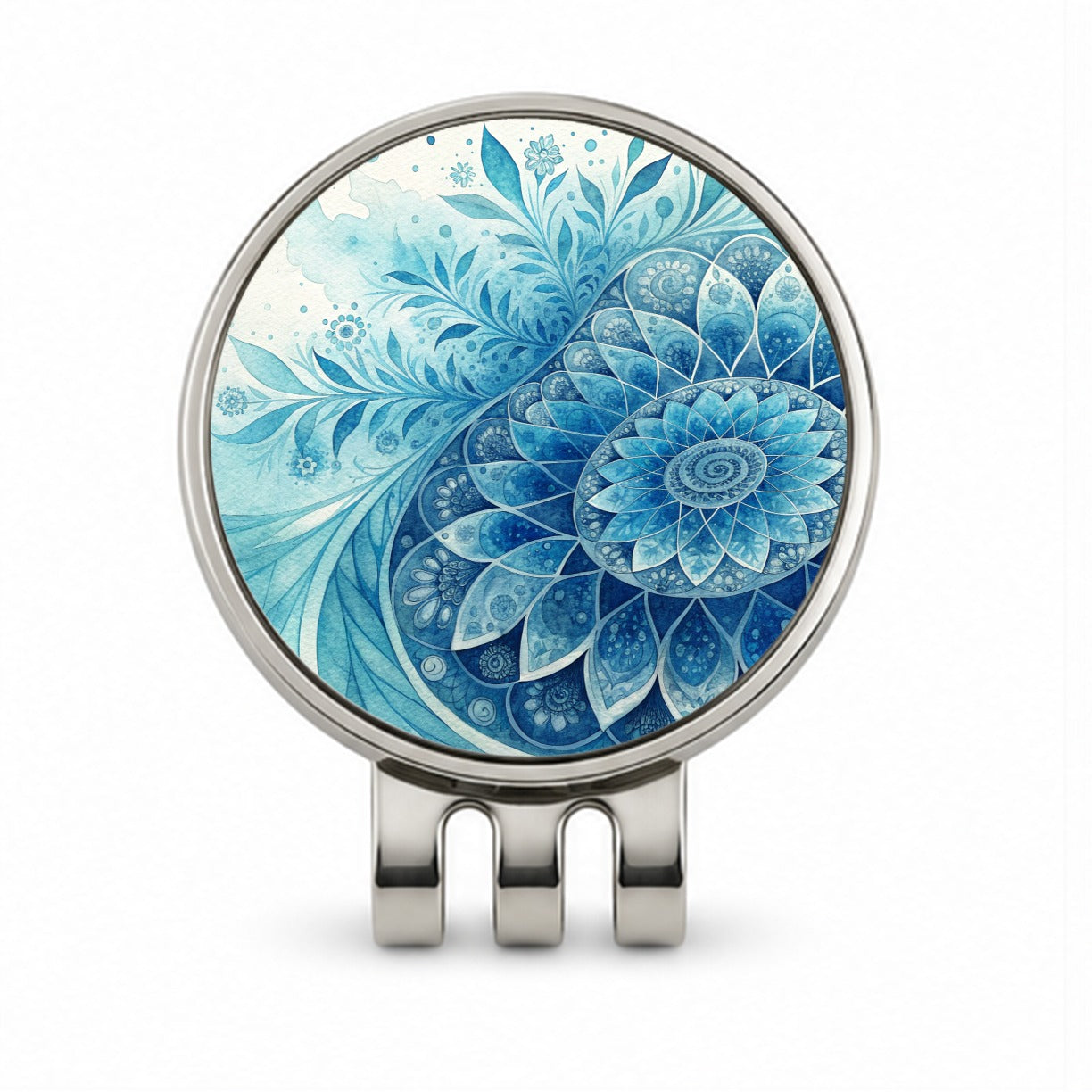 Fractal Art Blue Flower Pattern Watercolor Style Golf Hat Clip with Ball Marker