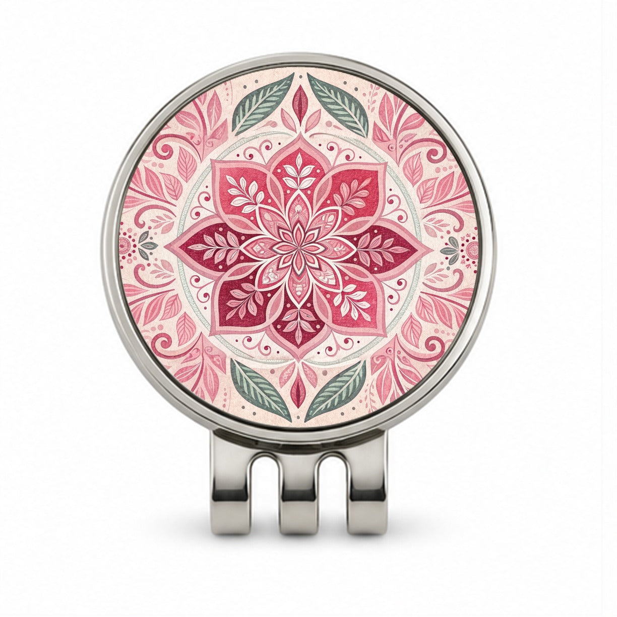 Pink Symmetrical Artistic Floral Pattern Golf Hat Clip with Ball Marker