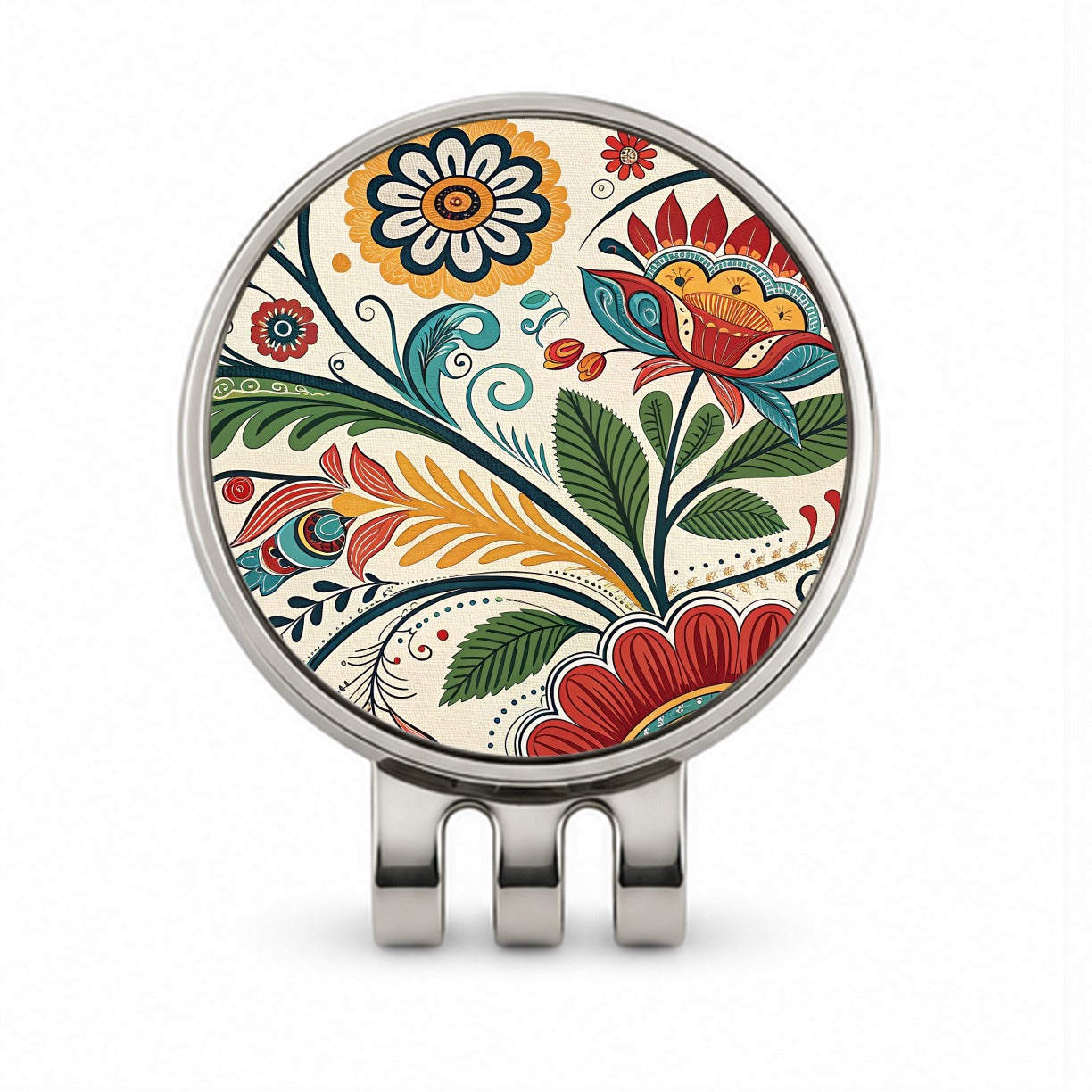 Traditional Folk Art Flowers Leaves Pattern Golf Hat Clip with Ball Marker