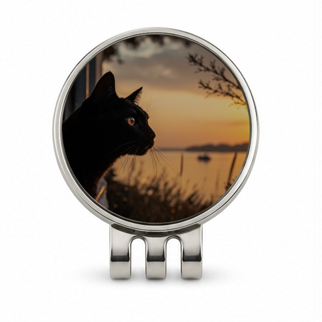 Black Cat Sunset Window Golf Hat Clip with Ball Marker