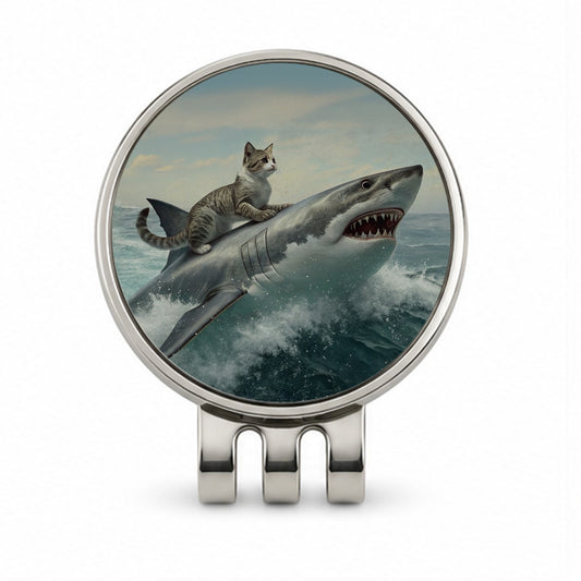 Cat Riding Shark Funny Golf Hat Clip with Ball Marker