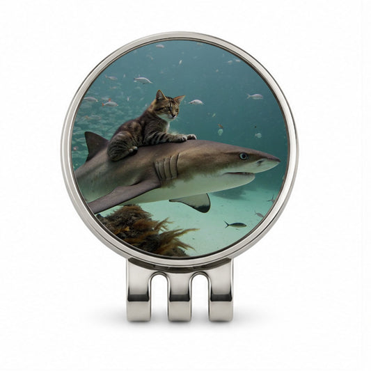Cat Riding Shark Under Water Golf Hat Clip with Ball Marker