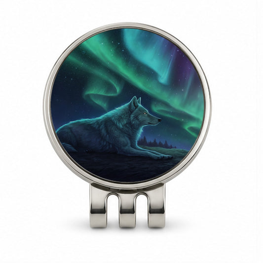 Cosmic Wolf Northern Lights Golf Hat Clip with Ball Marker