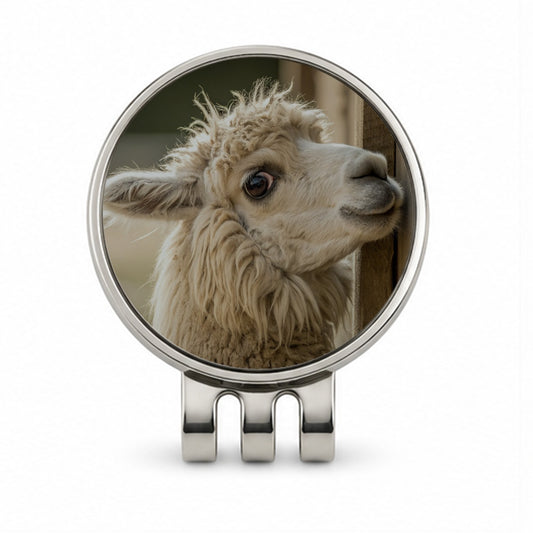 Curious Alpaca Close Up Golf Hat Clip with Ball Marker