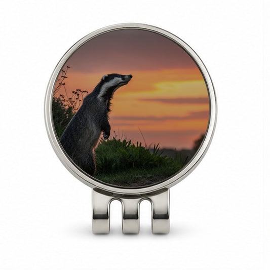 Curious Badger Sunset Scene Golf Hat Clip with Ball Marker