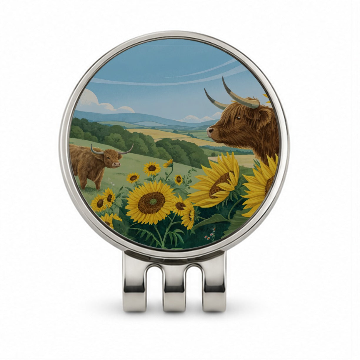 Highland Cows Sunflowers Field Golf Hat Clip with Ball Marker