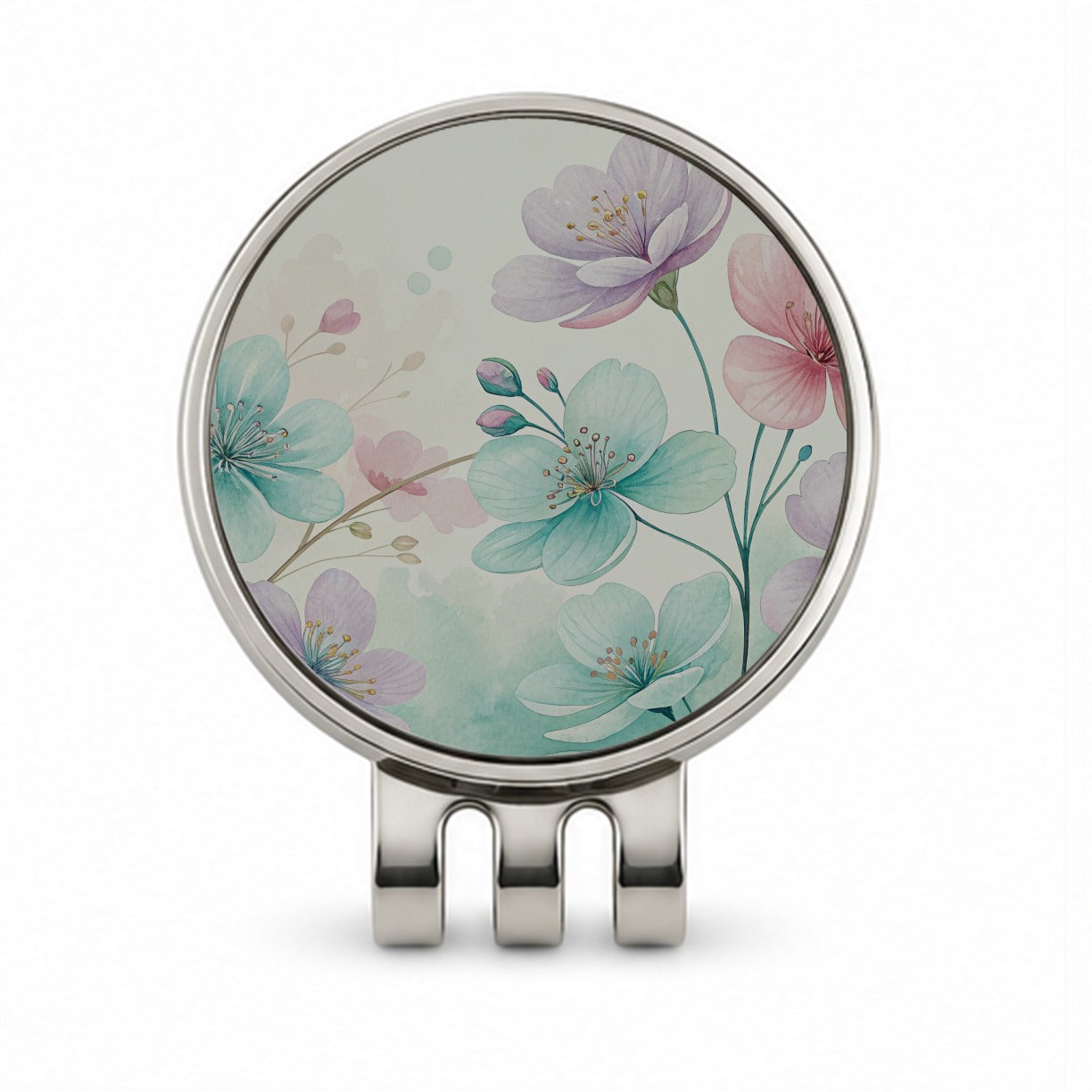 Pastel Flowers Botanical Art Golf Hat Clip with Ball Marker