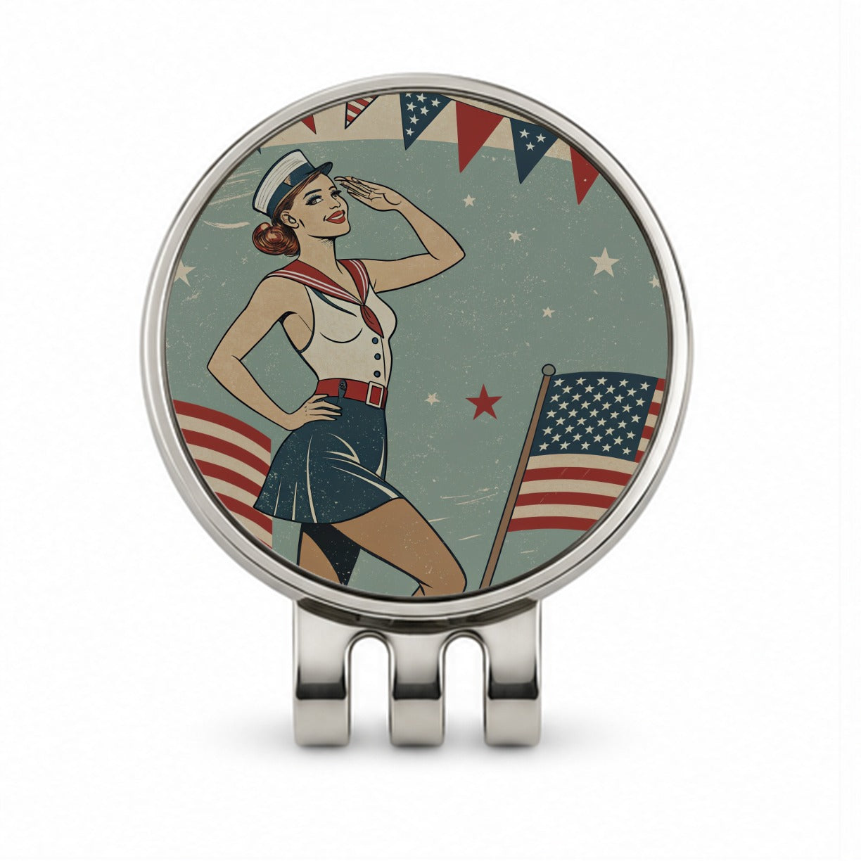 Retro Patriotic Pinup Style USA America Golf Hat Clip with Ball Marker