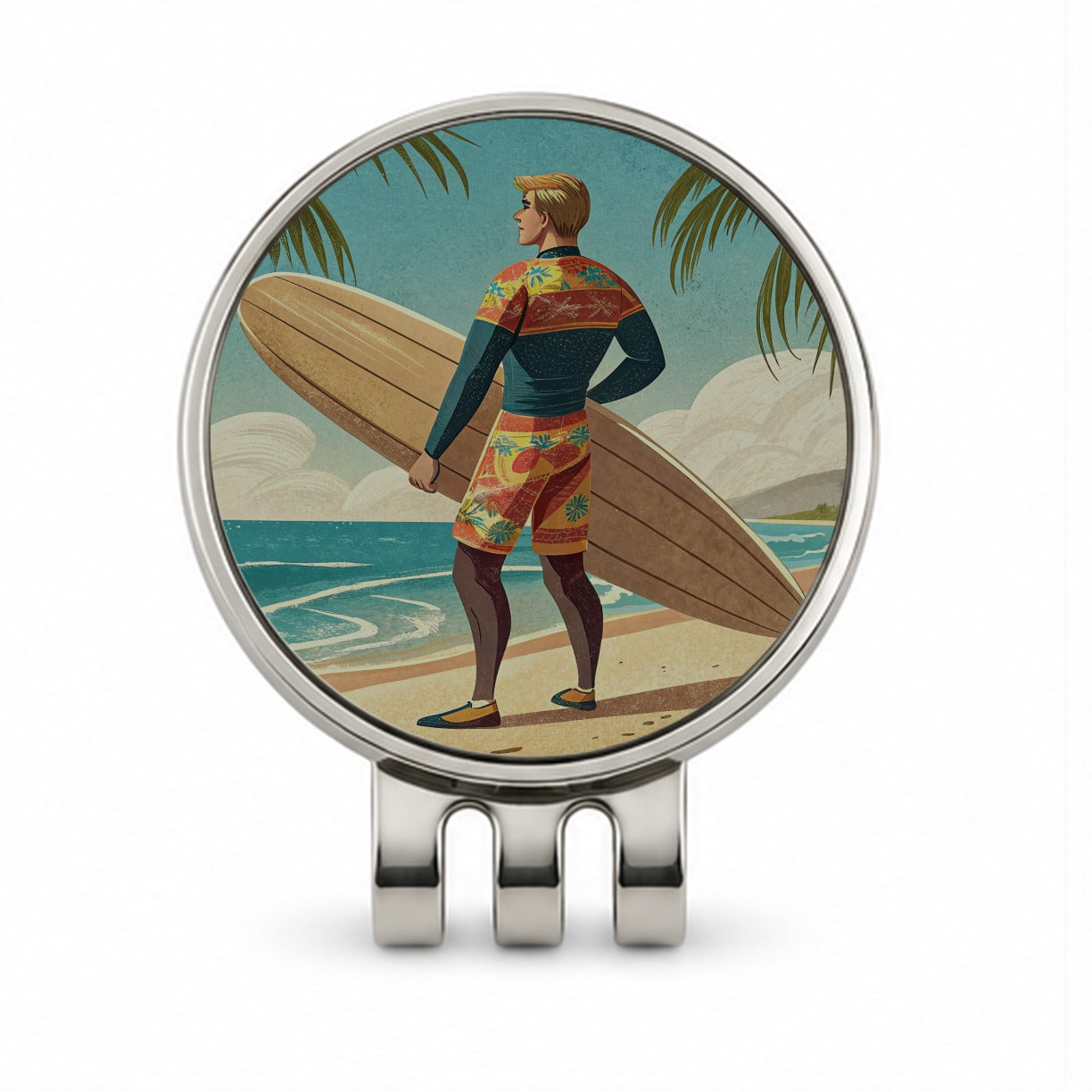 Retro Surfer Beach Scene Golf Hat Clip with Ball Marker