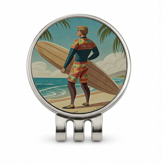Retro Surfer Beach Scene Golf Hat Clip with Ball Marker