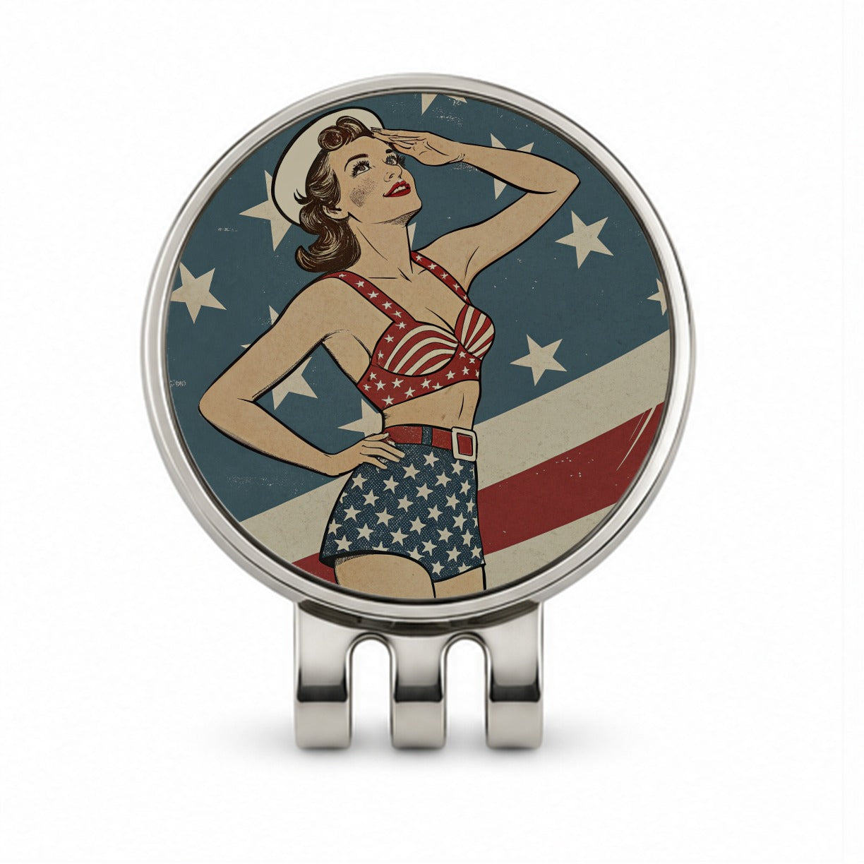 Vintage American Flag Pinup Woman Golf Hat Clip with Ball Marker
