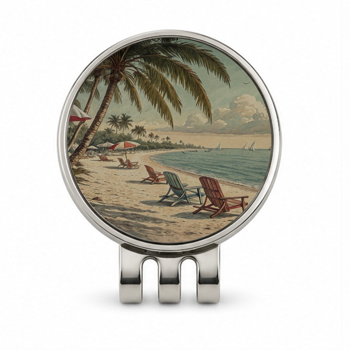 Vintage Beach Scene Holiday Golf Hat Clip with Ball Marker