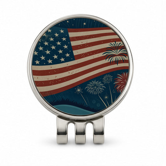 Vintage Patriotic Flag Fireworks Golf Hat Clip with Ball Marker