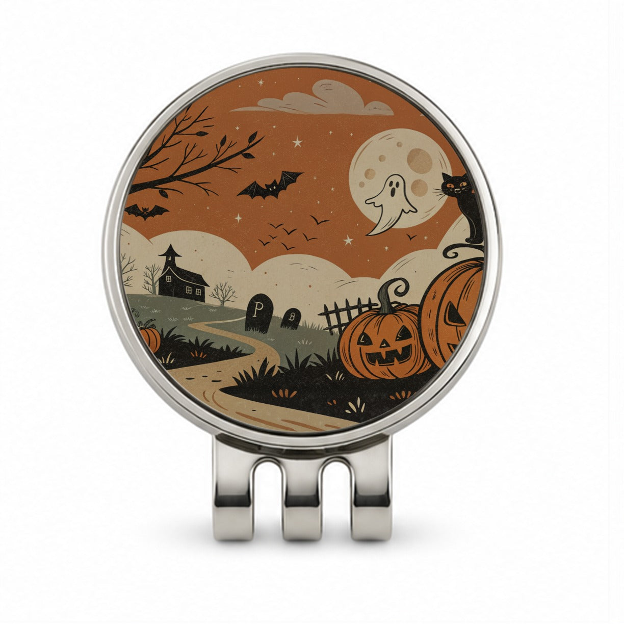 Vintage Pumpkin Halloween Scene Golf Hat Clip with Ball Marker