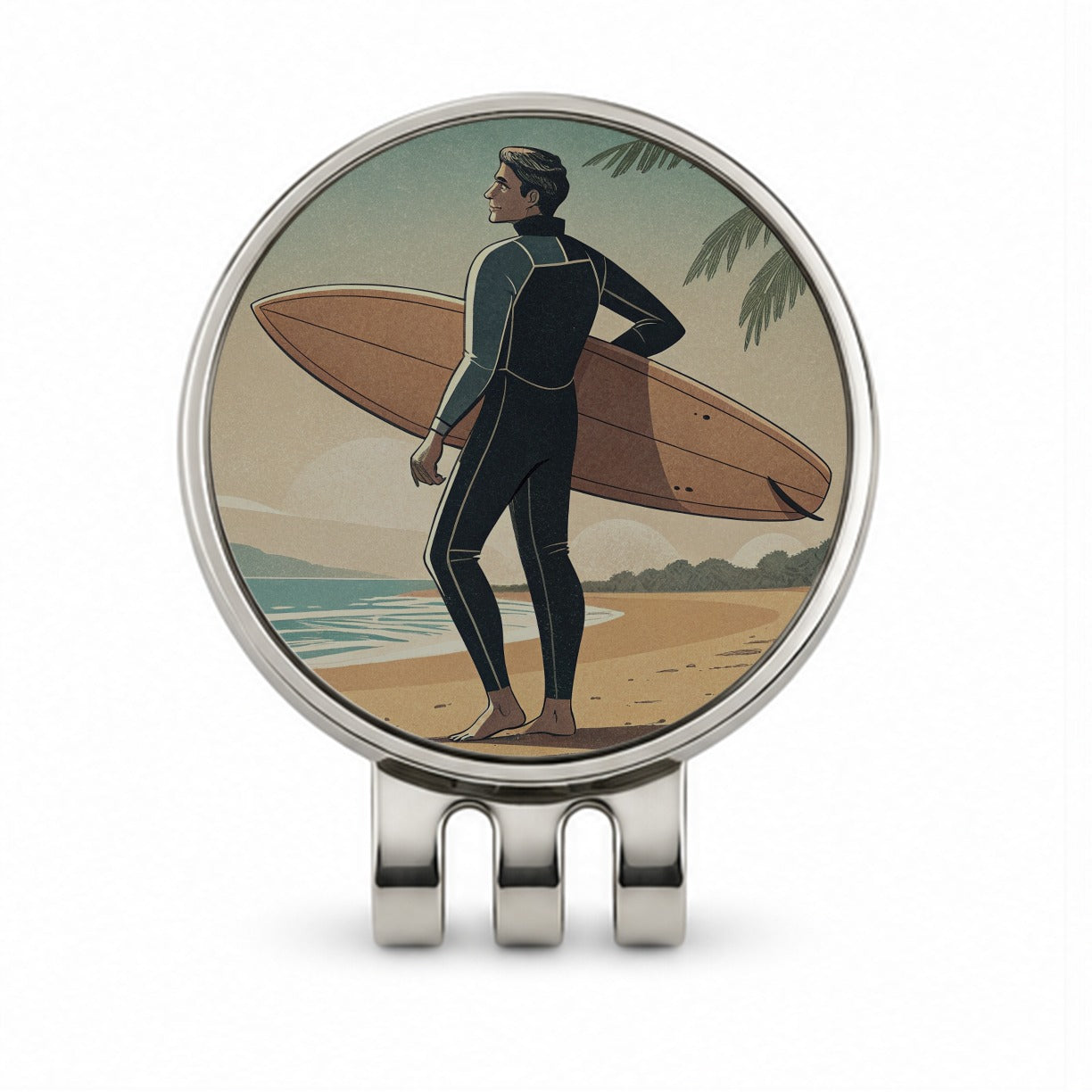 Vintage Surfer Beach Scene Golf Hat Clip with Ball Marker