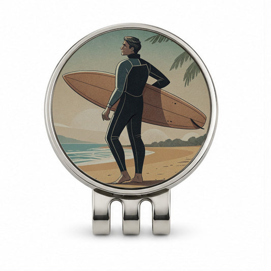 Vintage Surfer Beach Scene Golf Hat Clip with Ball Marker