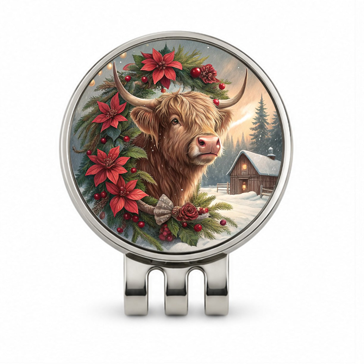 Christmas Highland Cow Barn Golf Hat Clip with Ball Marker