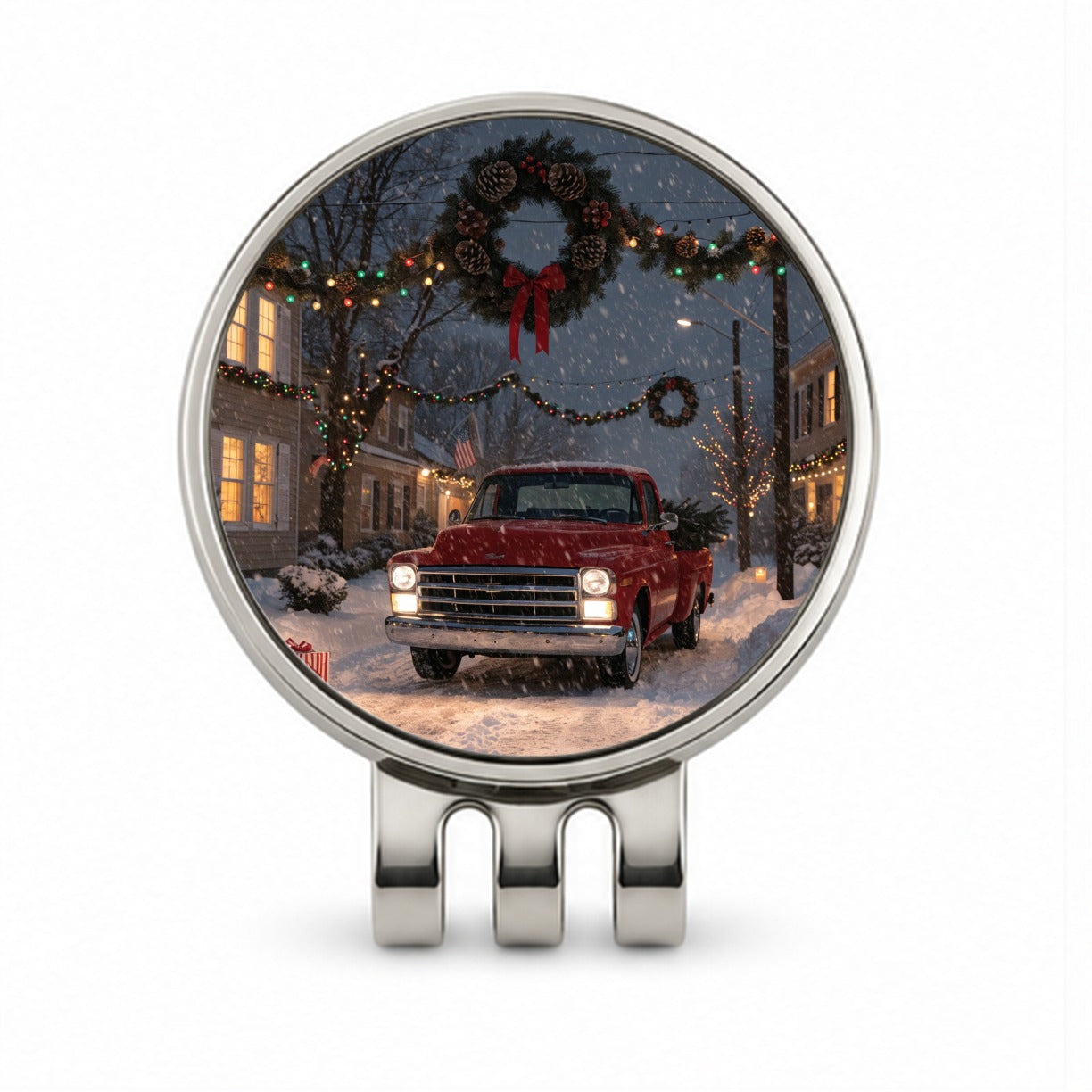 Christmas Red Truck Snow Golf Hat Clip with Ball Marker