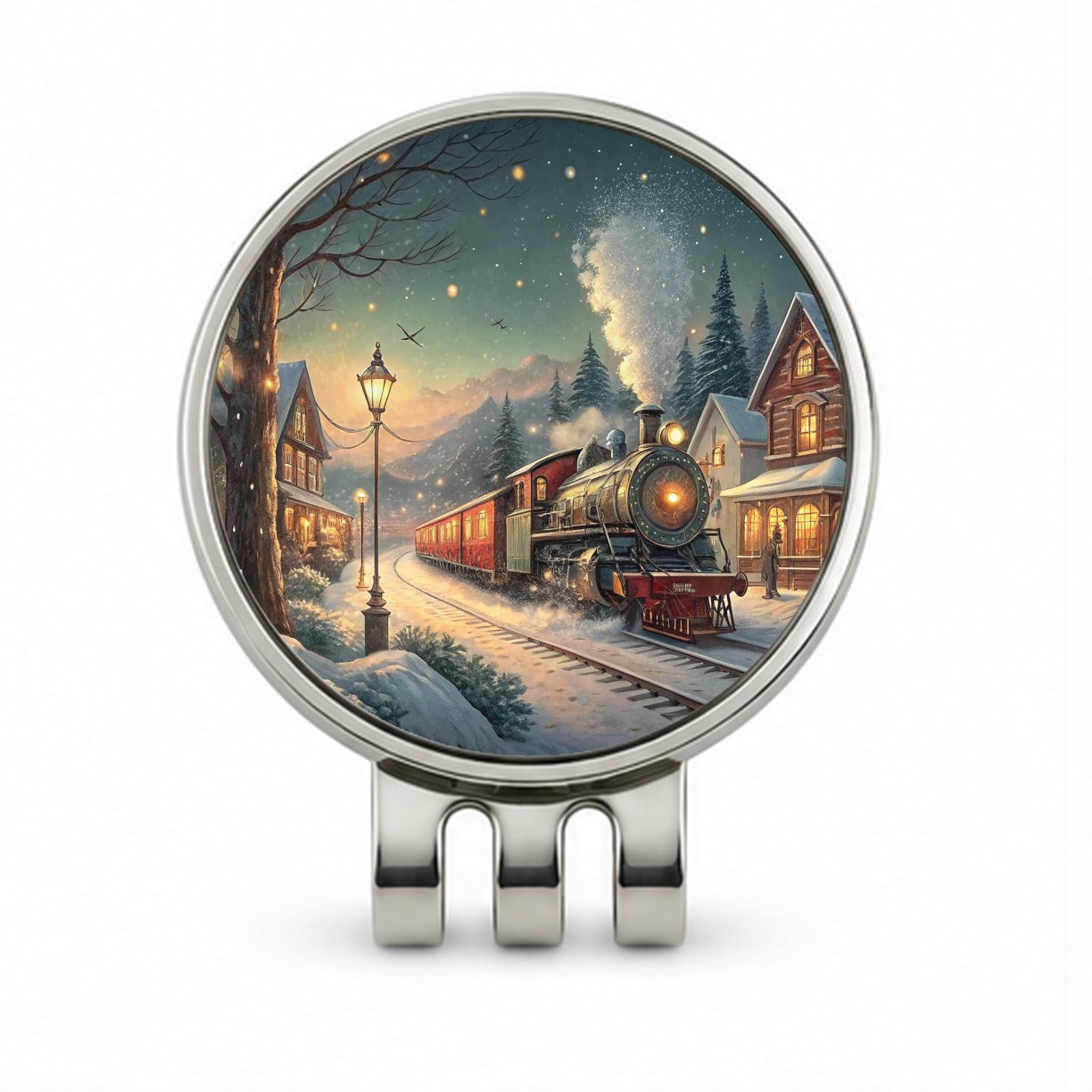 Christmas Train Snowy Village Golf Hat Clip with Ball Marker