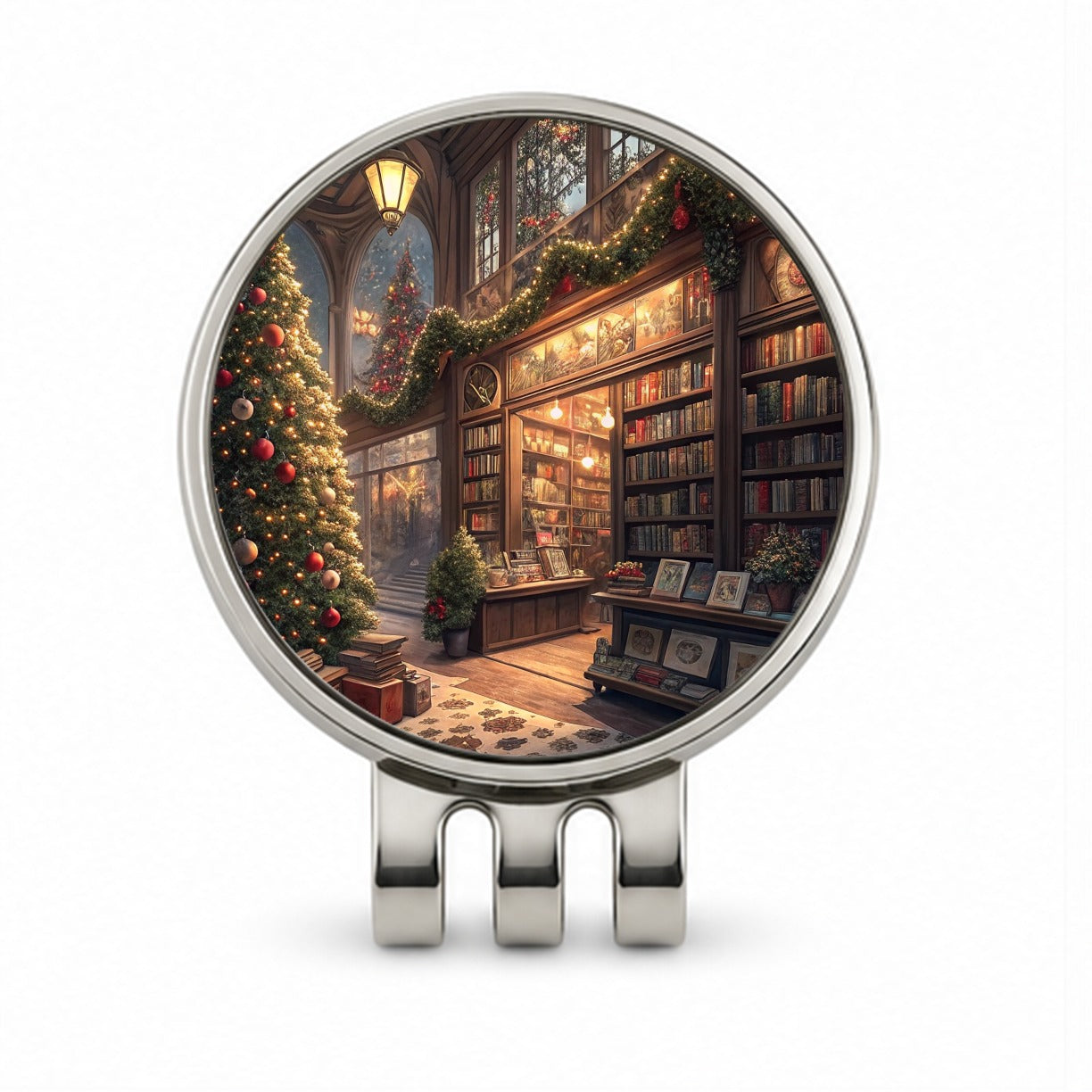 Cozy Christmas Bookstore Library Golf Hat Clip with Ball Marker