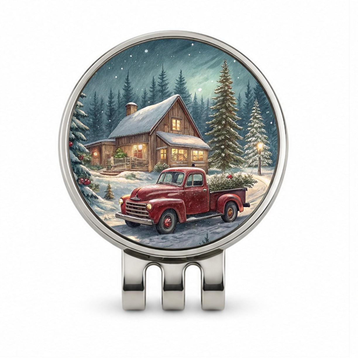 Vintage Americana Christmas Tree In Red Truck Golf Hat Clip with Ball Marker