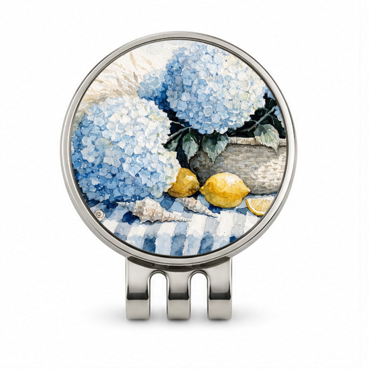 Blue Hydrangeas Seashells Lemons Coastal Golf Hat Clip with Ball Marker
