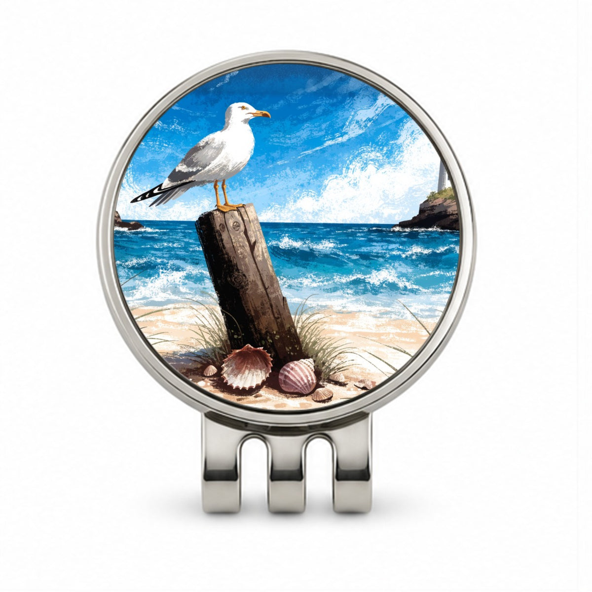 Coastal Seagull Beach Scene Golf Hat Clip with Ball Marker