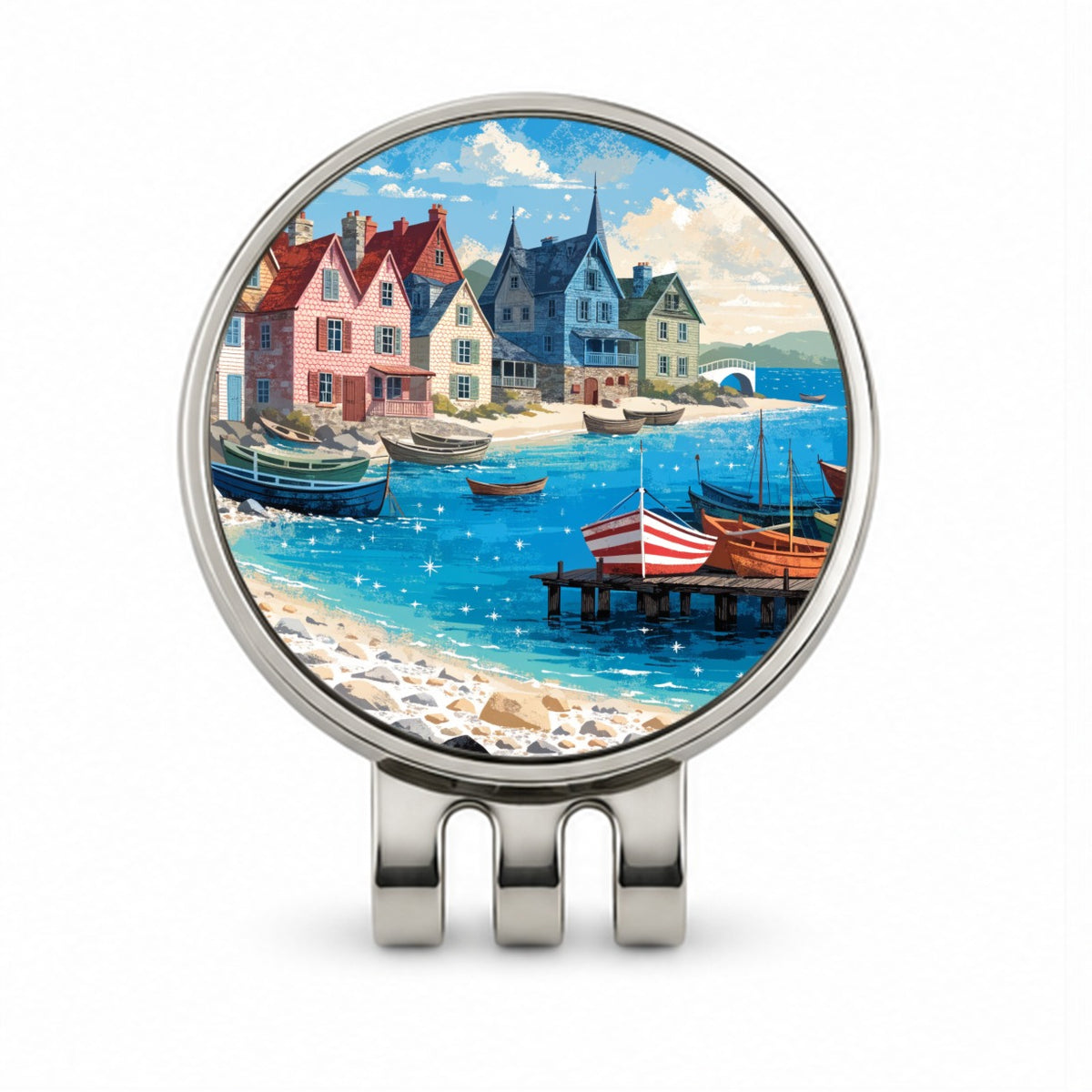 Colorful Coastal Fishing Village Golf Hat Clip with Ball Marker