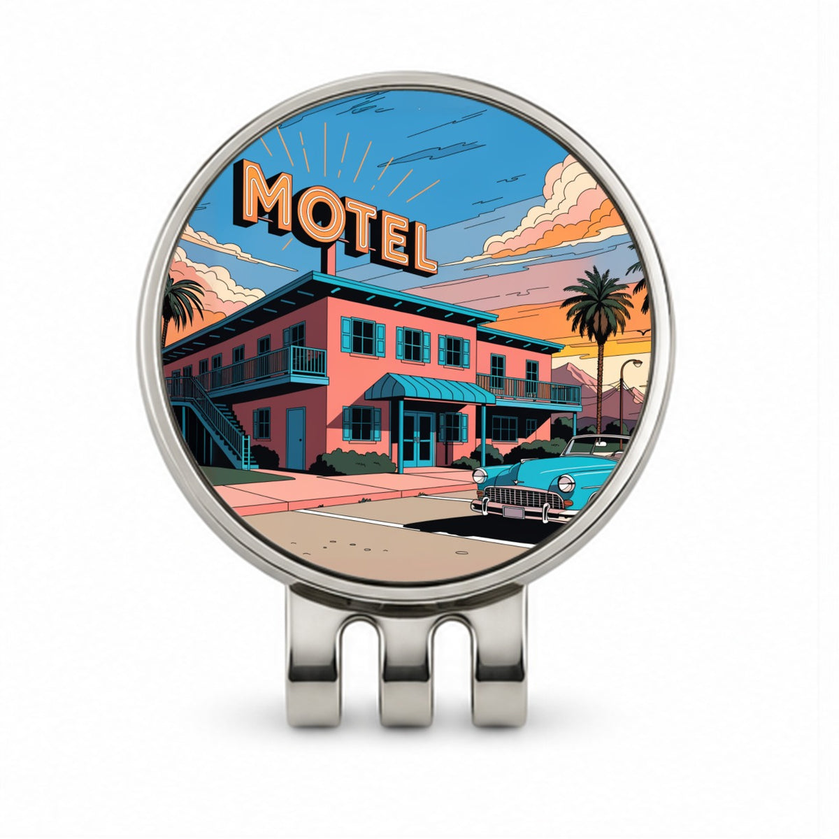 Mid Century Roadside Motel Golf Hat Clip with Ball Marker