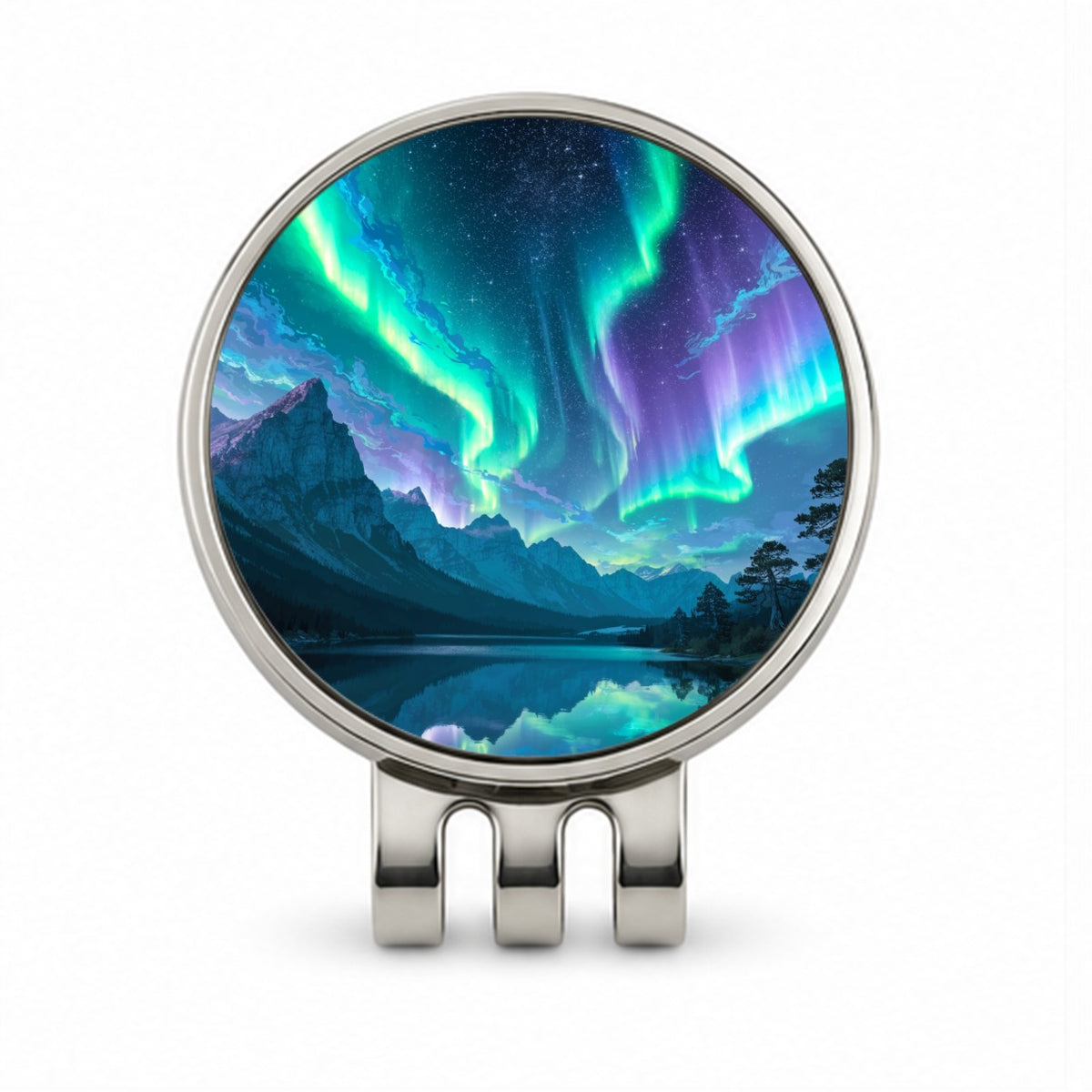 Northern Lights Mountain Lake Golf Hat Clip with Ball Marker