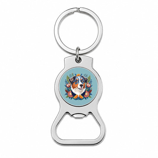 Australian Shepherd Dog Floral Flowers Bottle Opener Keychain