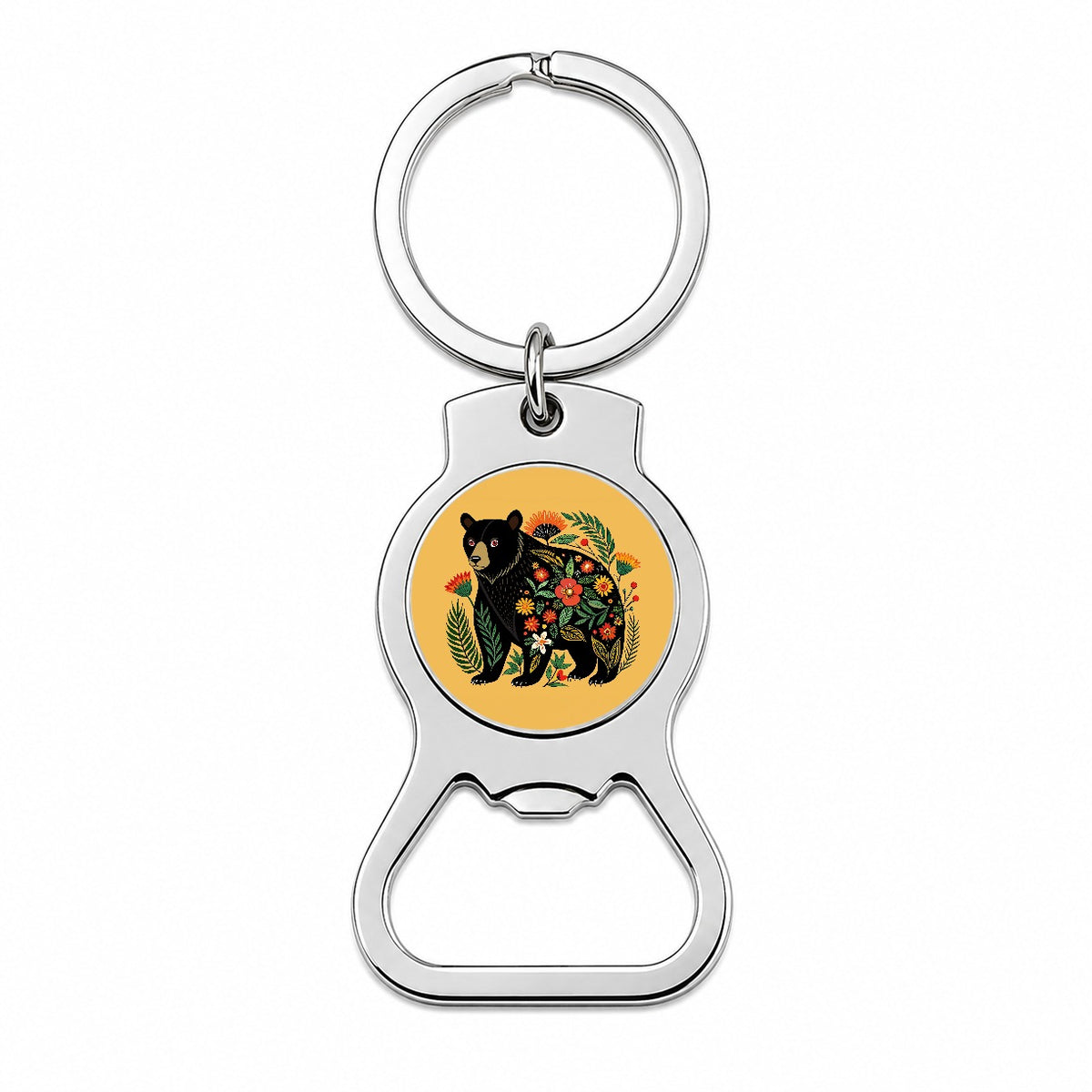 Black Bear Floral Motif Bottle Opener Keychain
