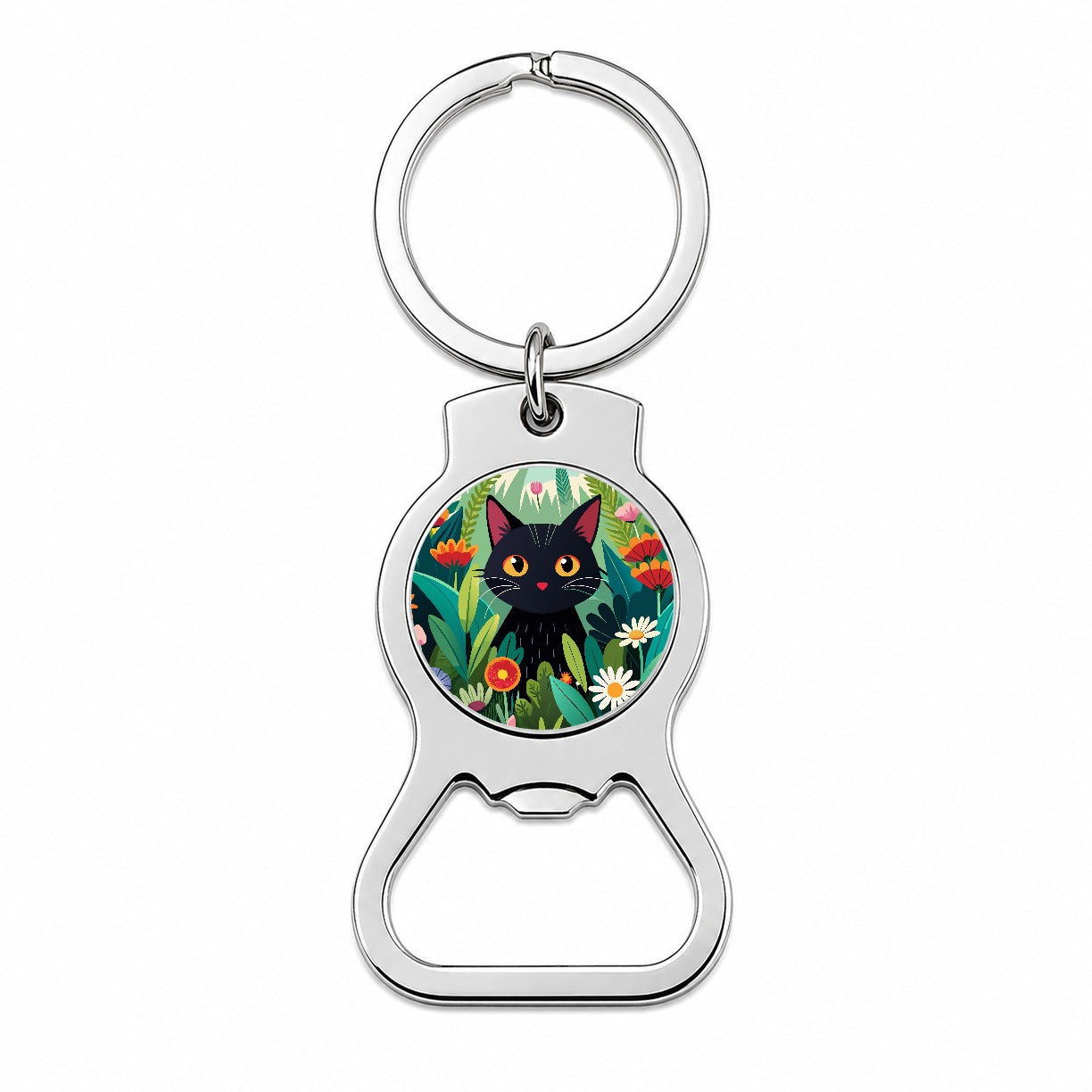 Black Cat Hiding in Flower Garden Bottle Opener Keychain