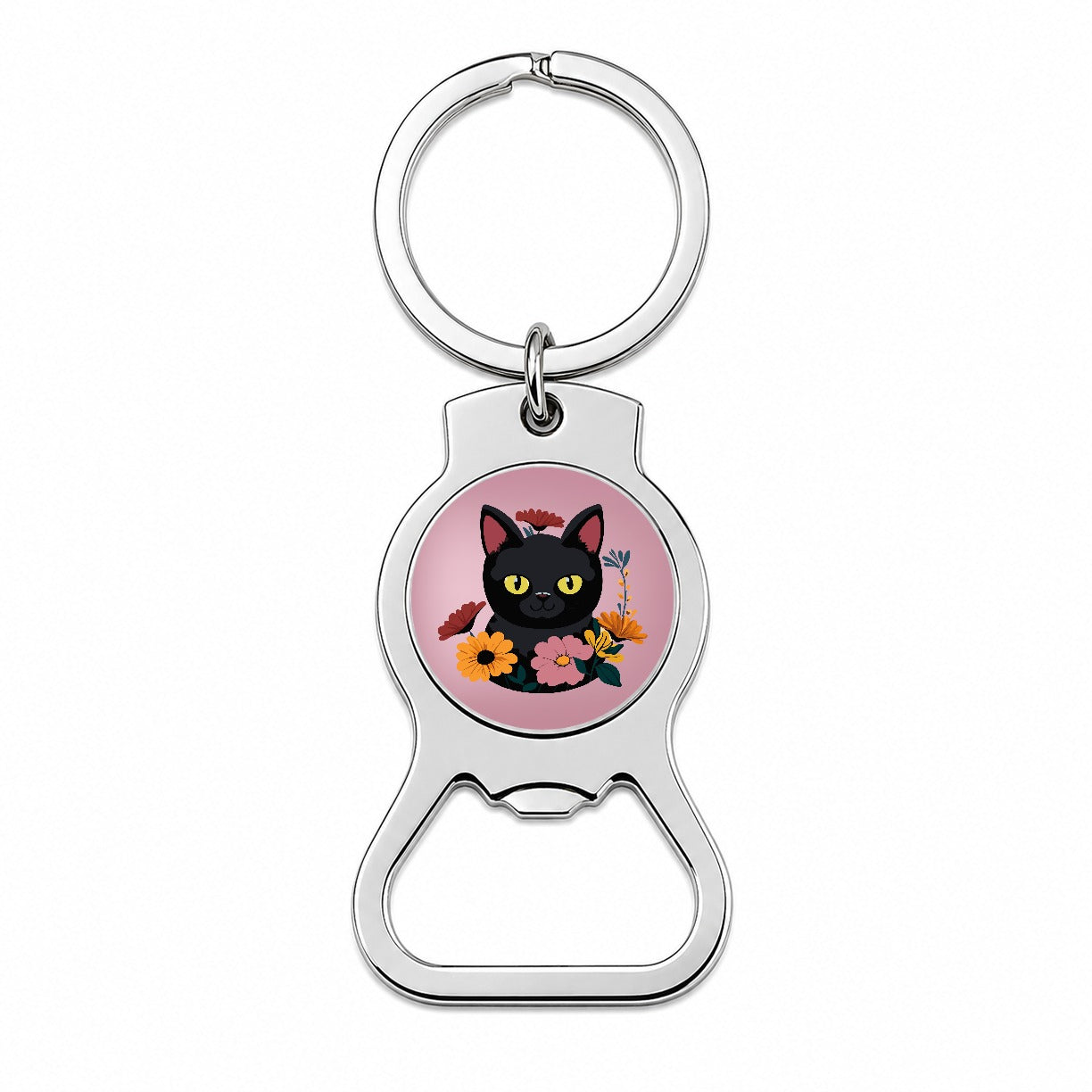 Black Cat in Flowers Bottle Opener Keychain