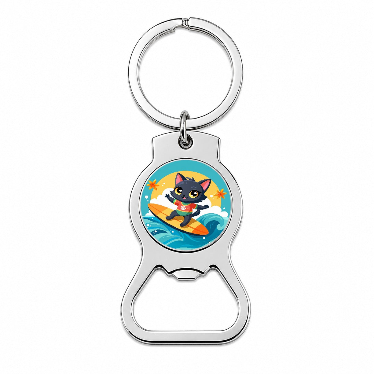 Black Cat Kitty Girl Surfing Bottle Opener Keychain