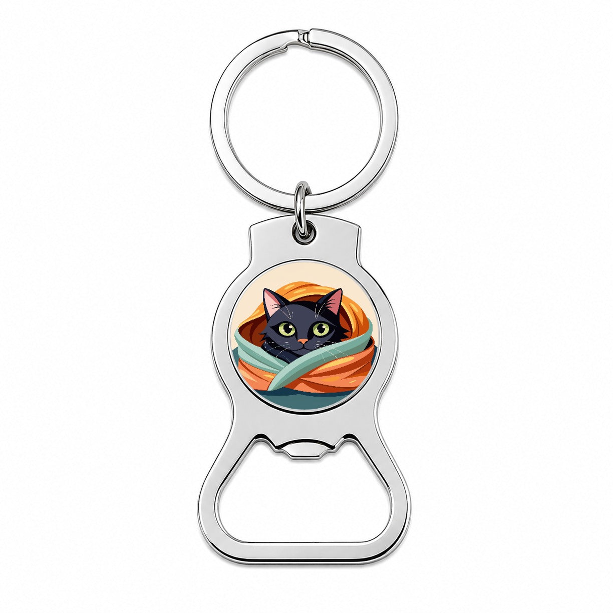 Black Cat Snuggling in Blanket Bottle Opener Keychain