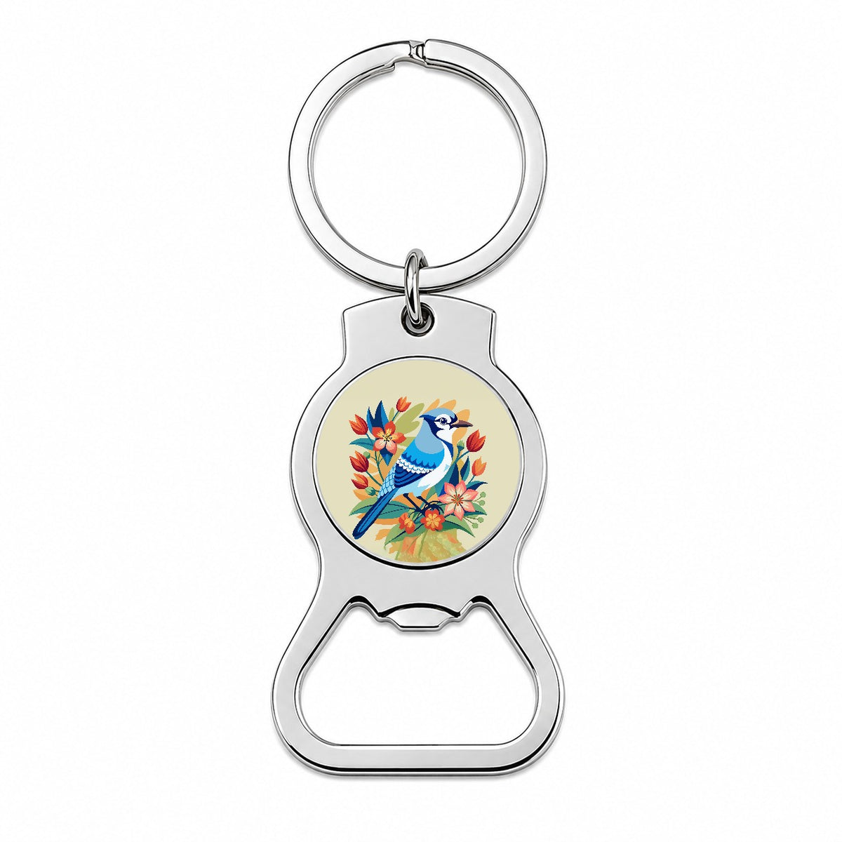 Blue Jay Floral Flowers Bottle Opener Keychain