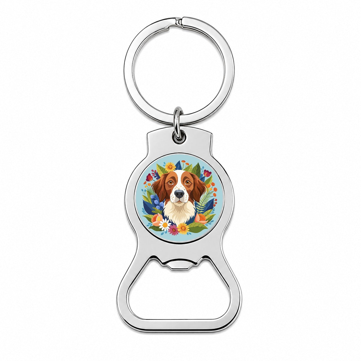 Brittany Spaniel Dog Floral Flowers Bottle Opener Keychain