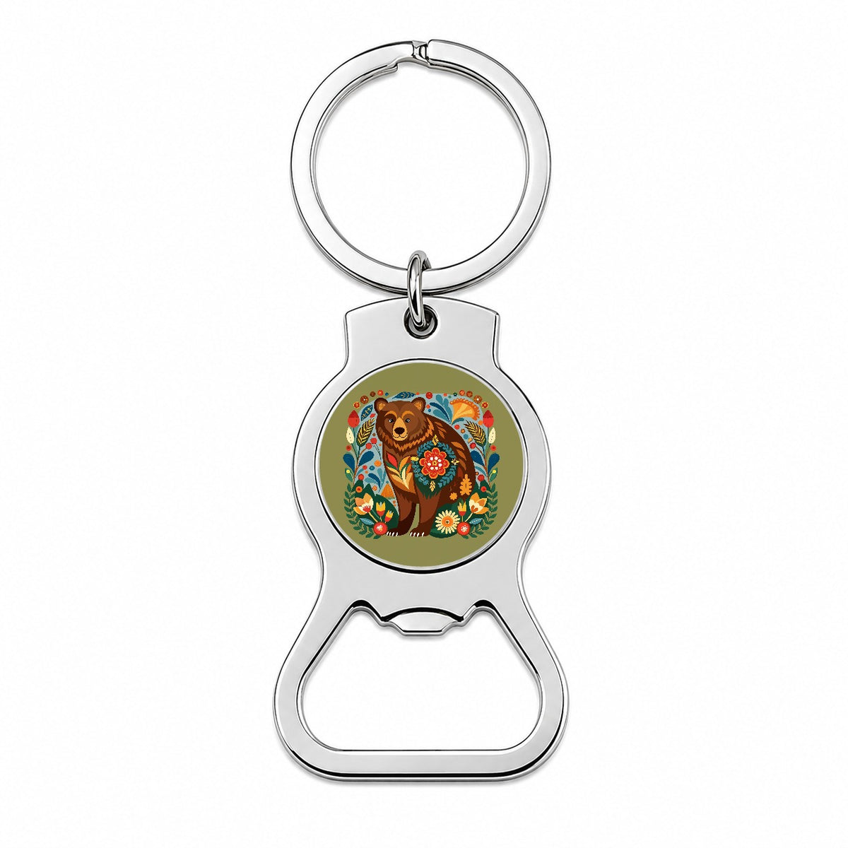 Brown Bear Floral Motif Bottle Opener Keychain